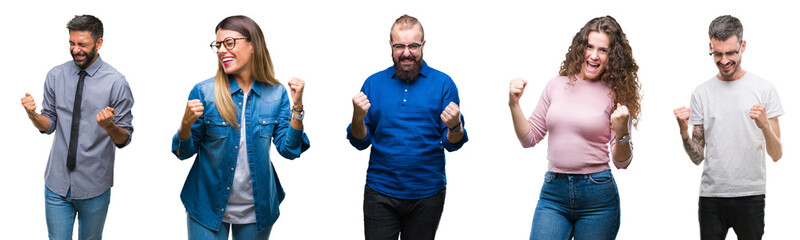 Collage of group of young casual people over isolated background very happy and excited doing winner gesture with arms raised, smiling and screaming for success. Celebration concept.