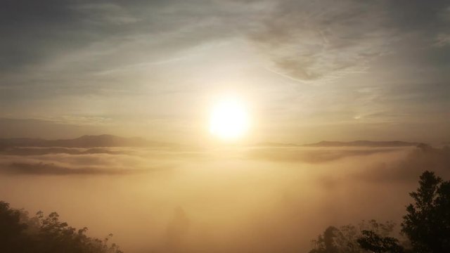 Time lapse of flowing fog waves on mountain tropical rainforest in phang nga thailand