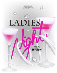 Ladies night party invitation pink card with sparkling ribbons, glasses of cocktail and diamonds. Vector illustration