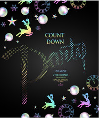 Count down party invitation card with colorful holographic christmas deco objects. Vector illustration