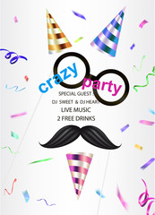 Crazy party banner with confetti, serpentine, masks and party hats. vector illustration