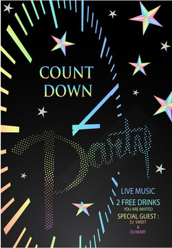 Count down party banner with colorful christmas decoration objects and clock. Vector illustration