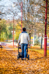 Fototapeta premium Mother wheeling a pram in the Park 