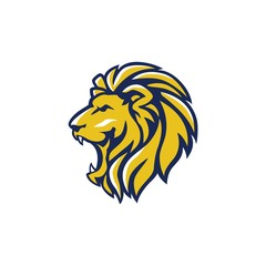 Blue Yellow Angry Lion Head, Vector Logo Design, Illustration, Template
