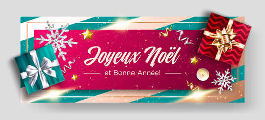 Joyeux Noel et Bonne Annee Vector Background. Merry Christmas and Happy New Year in French. Festive Xmas 2019 Scene Poster Template. Fresh Colors. Strict, Luxury, Chic, Elegant Style.