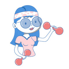 beautiful cartoon girl doing sports, exercises with dumbbells, vector illustration