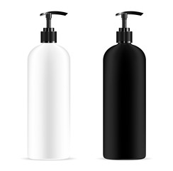 Dispenser pump cosmetic bottles mockup set in black and white colors. Plastic jar with pump head lid for cream, lotion, gel, moisturizer, liquid soap or water. 3d Vector packaging container.