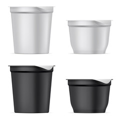 Round silver white and black matte plastic or paper pots set with foil cover for yogurt, cream, dessert or jam. Realistic packaging mockup template. Vector 3d illustration.