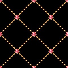 Jewelry background. Seamless pattern with crossed golden chains and red round gemstones