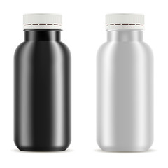 Drink bottles mockup. Realistic 3d vector illustration of black and wwite bottles with white plastic lid for fresh, juice, tea, yogurt and other liquid products.