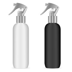 Spray bottles with pistol sprayer head for cosmetic or house care products.Black and white plastic cosmetics package with silver trigger lid. Vector dispenser container.
