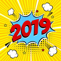 Obraz premium 2019 happy new year christmas comic pop art speech bubble vector illustration. Colorful pop art style sound effect. Halftone, vintage comic sound effects isolated on rays background.