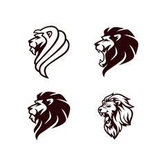 Angry Lion Head Black and White Logo, Sign, Vector Design Set