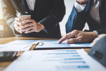 Business team meeting present, investor colleagues consultation and conference new strategy plan business and market growth on financial document graph report, Meeting and Talking