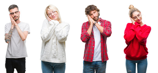 Collage of group of young people over white isolated background sleeping tired dreaming and posing with hands together while smiling with closed eyes.