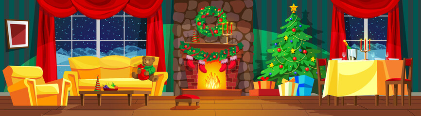 Obraz na płótnie Canvas Beautiful, bright, festive interior of living room, new year, Christmas.
