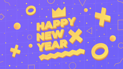 2019, Happy New Year. Greeting card with 2019 and geometric shapes in Memphis style. 3d letters and shapes. Holiday background, banner, poster. Vector Illustration