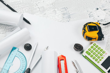 Drawing desk with tools for drawing top view