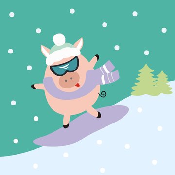Piggy on a snowboard. Emblem.The theme of active recreation and sport. New year and Christmas card. Vector illustration.