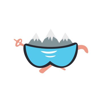 Logo skiing. ski goggles, mountains, ski and stick. Extreme winter sport. flat vector illustration.