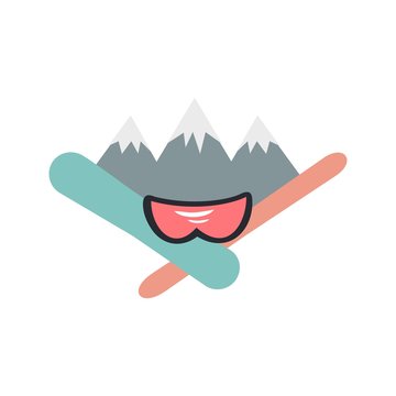 Ski and snowboard logo. ski goggles, mountains, ski and snowboard. Extreme winter sport. flat vector illustration.