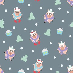 seamless pattern with pigs, Christmas trees and houses on grey background. Cute pigs in a scarf and hat.