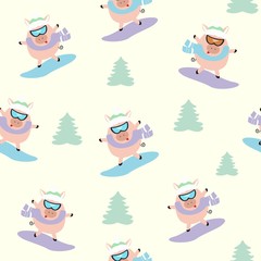 Winter seamless pattern with pigs on a snowboard and Christmas trees. Winter sports weekend.