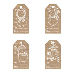Collection of kraft paper tags with sweet little pigs in Christmas clothes.