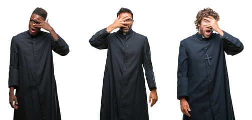 Collage of christian priest men over isolated background peeking in shock covering face and eyes with hand, looking through fingers with embarrassed expression.