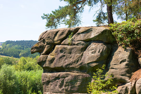 Profile of stone witch, natural rock shape, Petrified City, Ciezkowice, Poland