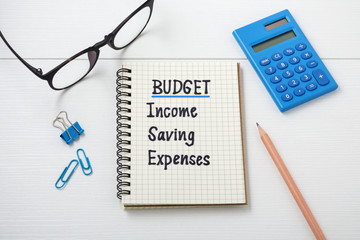 Budget planning with notebook and calculator
