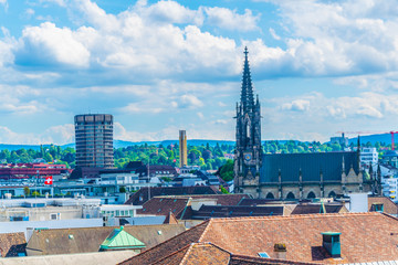 Aerial view of elisabeth church and bank of international settlements headquarters in Basel, Switzerland