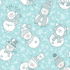 Sweet little pigs in Christmas clothes and snowflakes. Seamless vector pattern. A cartoon characters. Animal symbol of new year 2019.