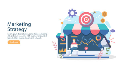 digital marketing strategy concept with tiny people character. online ecommerce business in modern flat design template for web landing page, banner, presentation, social media. Vector illustration.