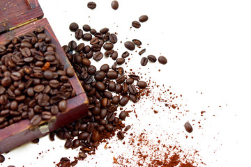 Coffee bean and coffee powder on white background