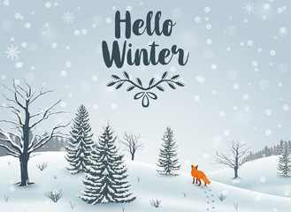 Happy Winter with Landscape and fox animal © ekyaky