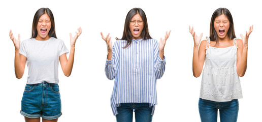 Collage of asian young woman standing over white isolated background celebrating mad and crazy for success with arms raised and closed eyes screaming excited. Winner concept