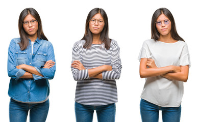 Collage of asian young woman standing wearing glasses over white isolated background skeptic and nervous, disapproving expression on face with crossed arms. Negative person.