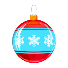 Colour decorated christmas red ball isolated on white background. Vector illustration. Cartoon style