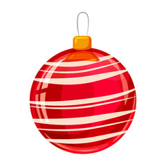 Colour decorated christmas red ball isolated on white background. Vector illustration. Cartoon style