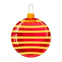 Colour decorated christmas red ball isolated on white background. Vector illustration. Cartoon style