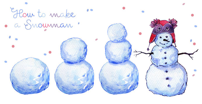 Snowman creation winter watercolor snow hat isolated
