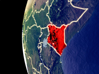 Night view of Kenya from space with visible city lights. Very detailed plastic planet surface.
