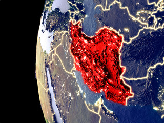 Night view of Iran from space with visible city lights. Very detailed plastic planet surface.