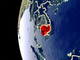 Night view of Cambodia from space with visible city lights. Very detailed plastic planet surface.