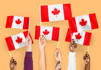 Hands waving flags of Canada