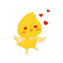 Cute chicken in love, funny bird cartoon character with happy eyes vector Illustration on a white background