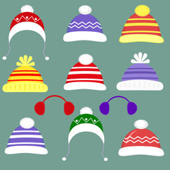 Set of 11 different hats for boys and girls in cold weather or for sports. Clothes for winter and autumn. Flat style, vector