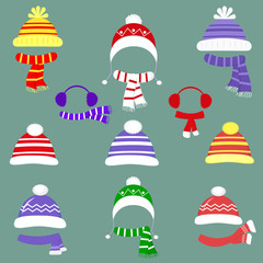 A set of nineteen different hats and scarves for boys and girls in cold weather or for sports. Clothes for winter and autumn. Flat style vector