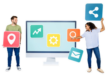 People holding icons  related to internet and technology